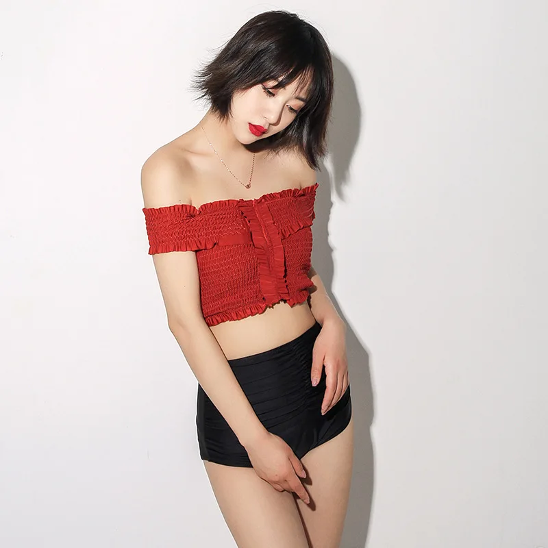 

Spa Resort Swimwear Simple Sexy off-the-Shoulder High-waisted Split Type Bikini Two-Piece Bathing Suit Red