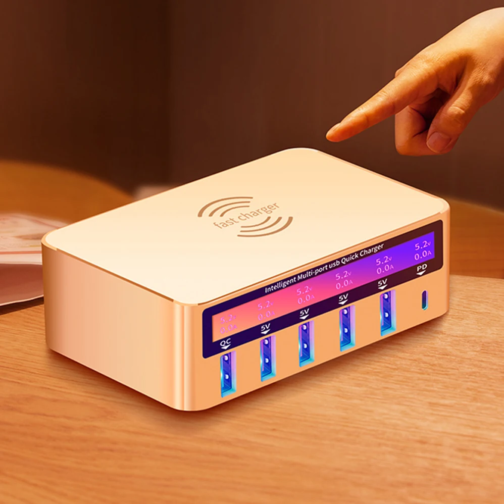 

5 USB Port Quick Charger 3.0 PD USB C Fast Charging for iPhone 8 X 8plus Samsung S10 xiaomi huawei Wireless Charger Led display