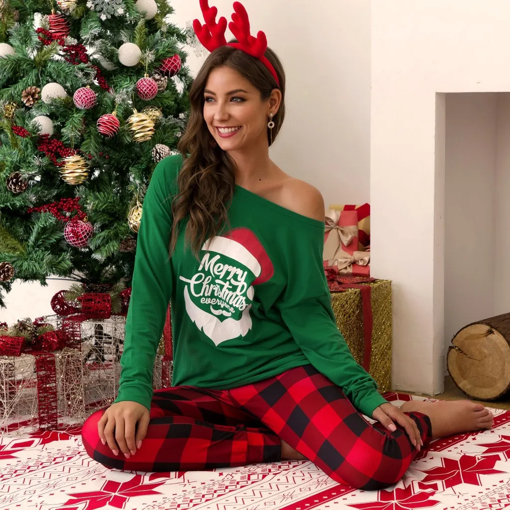 

Winter Women Pajamas Set 2019 Christmas Women's Printed Letter Top+Lattice Pants Xmas Sleepwear Clothes Pajamas Green Gray