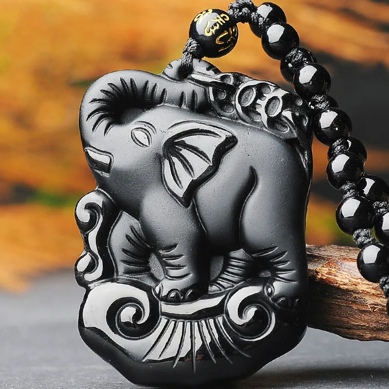 Elephant Natural Black Obsidian Jade Pendant Necklace Chinese Hand-Carved Fine Charm Jewelry Amulet Accessories for Men Women 