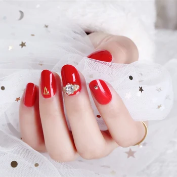 

24pcs/box Shining Rhinestone false nails with designs Red Color 3D Glitter Nail tips Wedding Party Round head artificial nails
