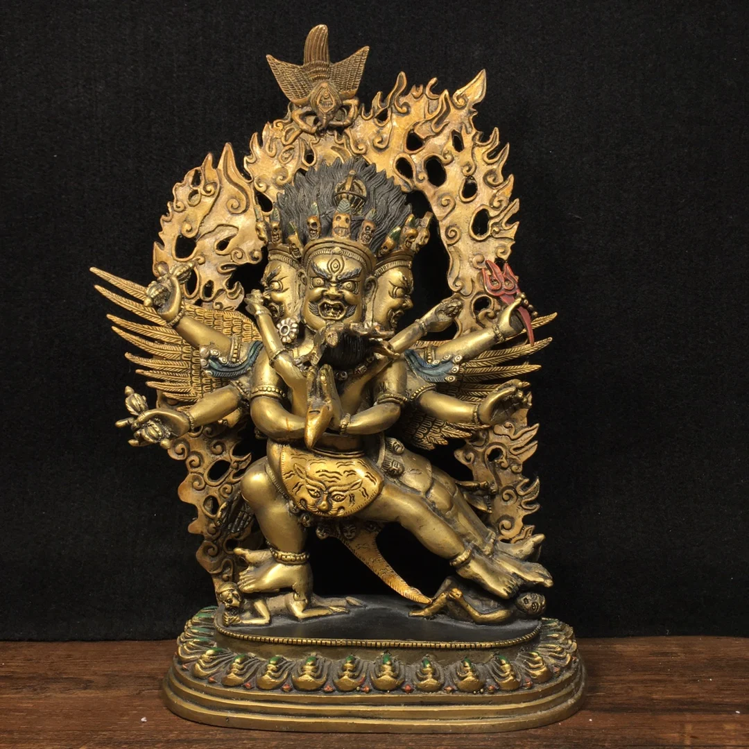 

12"Tibetan Temple Collection Old Bronze Painted Phurpa Puba Vajra Buddha Yab-Yum Buddha Backlight Worship Hall Town house