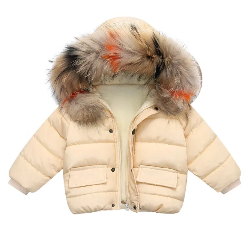 Hooded Down Jackets Casual Solid Color Windproof Warm Thickening Children\'s Down Coat Kids Winter Jacket Baby Girl Boy Clothes - Цвет: Бежевый