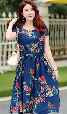 Middle-aged Women's Summer dress vestidos largos Print Short sleeve Long Dress Fashion Plus Size 5XL Plus Size Mother Dress DC97 - Цвет: Бежевый