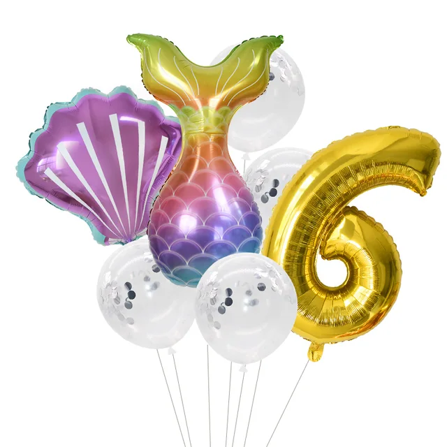 Little Mermaid Party Balloons 32inch Number Foil Balloon Kids Birthday Party Decoration Supplies Baby Shower Decor Helium Globos 7pcs number6 set