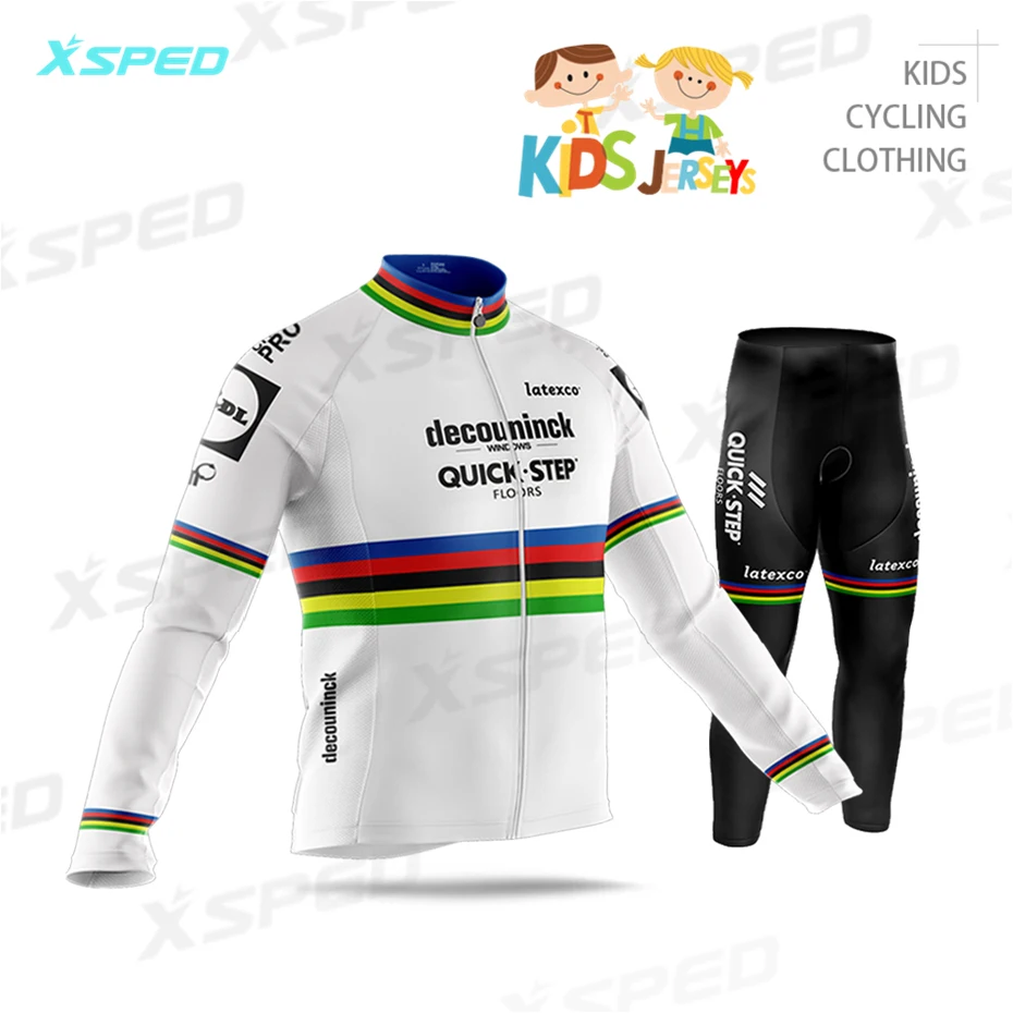 

World Champion 2020 Children Cycling Jersey Set Kids Ride Clothing Quick Step Julian Alaphilippe Long Sleeve Bicycle Uniform Boy