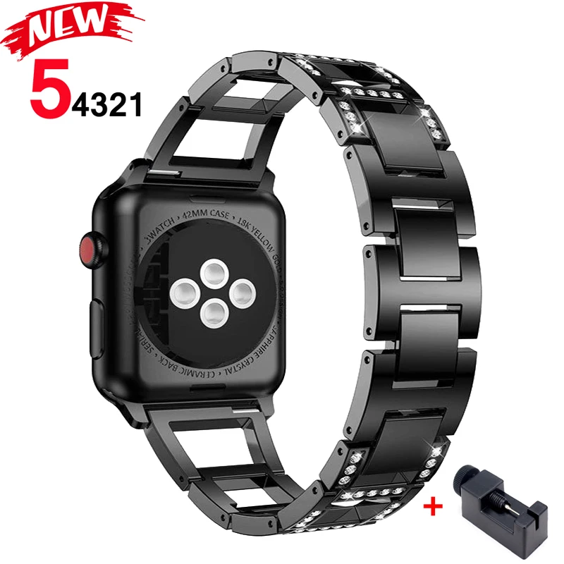Ремешок из нержавеющей стали для Apple watch, ремешок correa 5, 4, 44 мм, 40 мм, алмазный браслет Iwatch, серия 3, 2, 1, 38 мм, 42 мм, аксессуары для часов