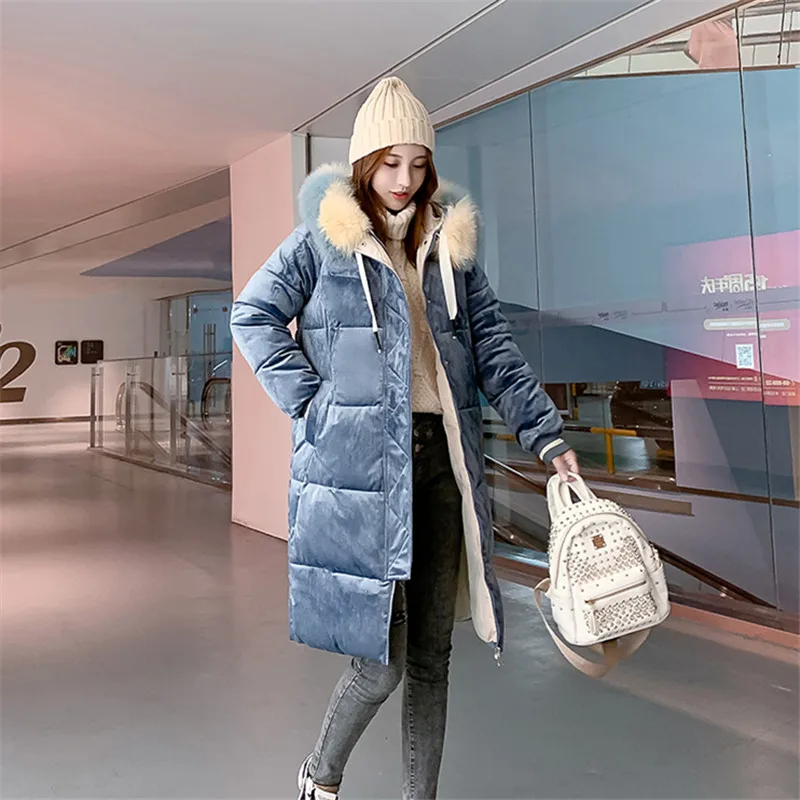 

Fur Velvet Long Hooded Outwear Loose Solid Cotton Zipper Fashion Parka Jacket Winter Padded Coat Autumn Woman Female Women 2019