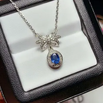 

MeiBaPJ Natural Sapphire Bow Pendant Necklace with Certificate 925 Pure Silver Blue Stone Fine Charm Wedding Jewelry for Women