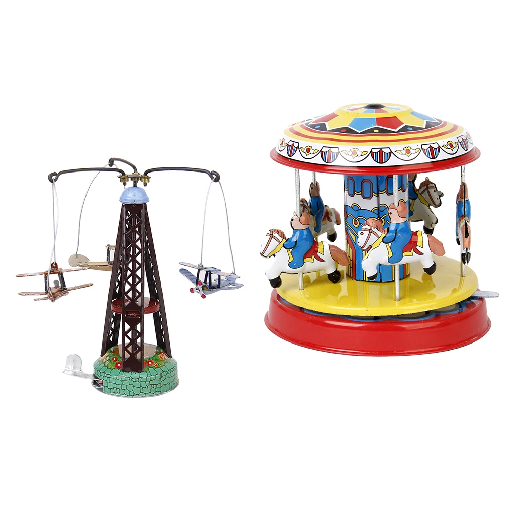 2X Vintage Style Style Fairground Carousel Model Merry Go Round Tin Toy Collectible Gifts
