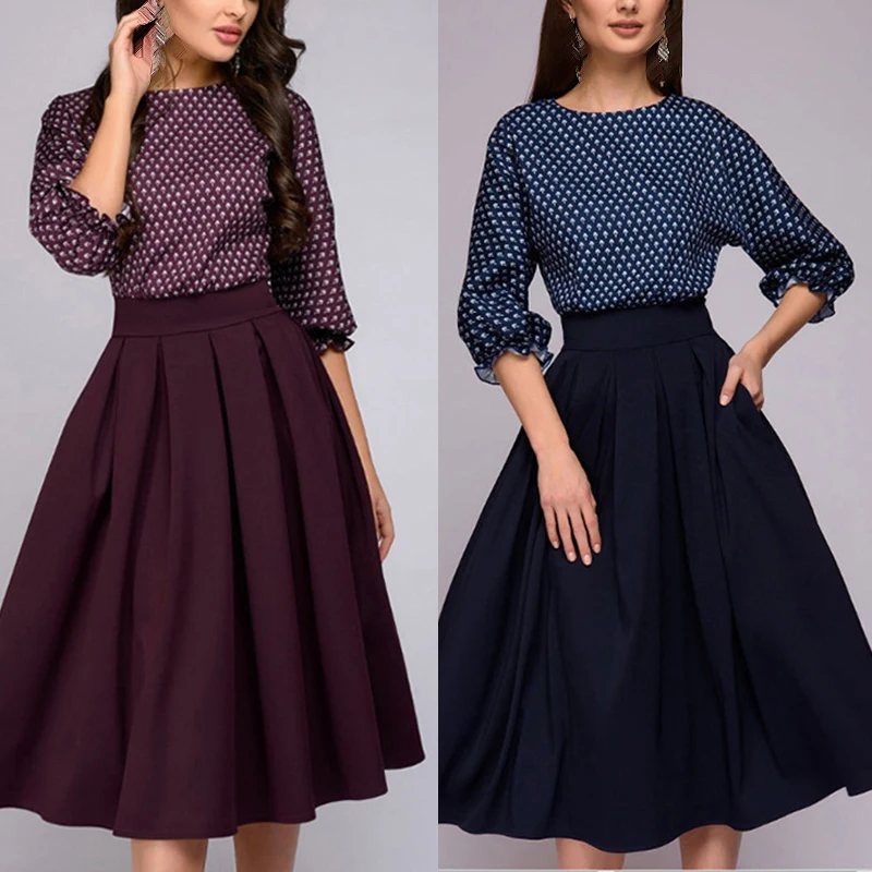 Women vintage dress Casual office a line Dress Round Neck 3/4 Sleeve Polka Dots Printed elegant ladies dresses party