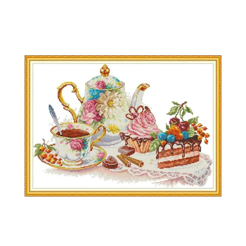 Afternoon tea 6 cross stitch kit aida 14ct 11ct count print canvas cross stitches needlework