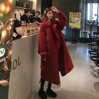 

2020 new Korean red Lamb Plush Jacket Winter Long Double-breasted Coats Female Loose Fur One Coat Women Overcoats XA365
