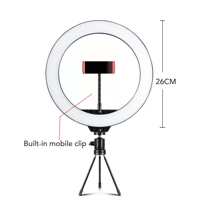 26cm(built-in holder Фон для фотосъемки с регулируемой яркостью светодиодный селфи кольцо светильник видео на Youtube видео 16/26 см Photo Studio светильник с Настольный Штатив для всех смартфонов - Цвет: 26cm(built-in holder