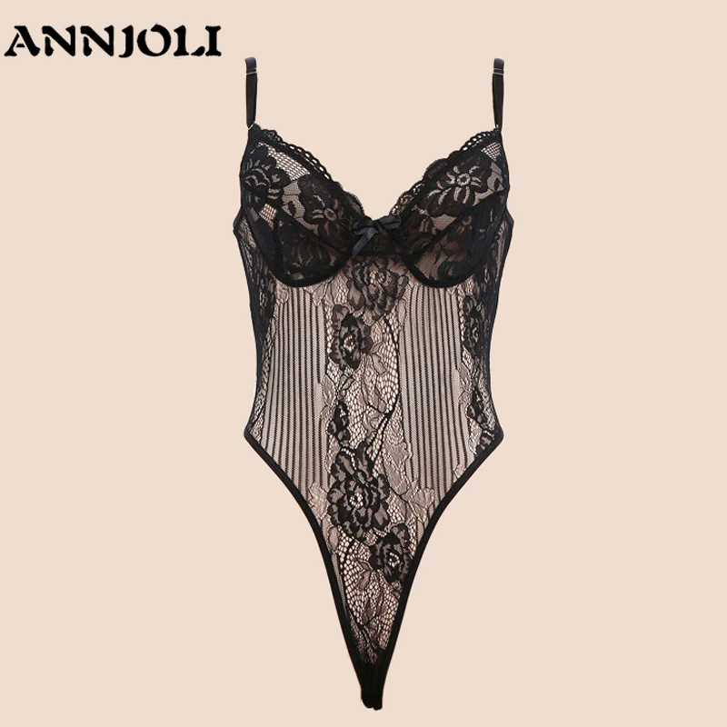 

ANNJOLI 11 Color Women Sexy Bow Lace Wet Look Bodysuit Women Backless Transparent Body Jumpsuit Rompers Catsuit Slim Bodysuits