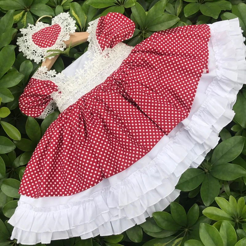 3PCS Summer Lolita Spanish Princess Sleeveless Bow Ball Gown Dress Red Dot Lace Vintage Birthday Party For Bady Girls 0-7 | Детская