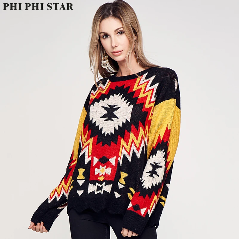 

Phi Phi Star Geometric patterns Women Winter O-Neck Long Sleeve Pullover Knitted Sweater Loose Round collar Sweater For Women