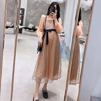 

6030# Sweet Polka Dot Printed Chiffon Patchwork Maternity Long Dress Elegant Party Dress for Pregnant Women Ties Waist Pregnancy