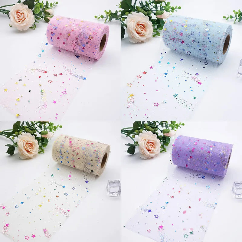 

6cm*25yards Rainbow Colorful Glitter Tulle Roll Star Sequin Mesh Fabric Spool Tutu Skirt Fabric Wedding Party Decor DIY Crafts