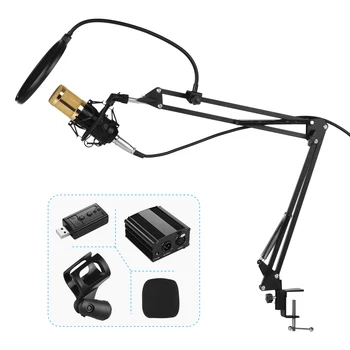 

Condenser Microphone Kit with Shock Proof Holder Adjustable Metal Arm Stand Foam Cap 48V Phantom Power Pop Filter Soundcard