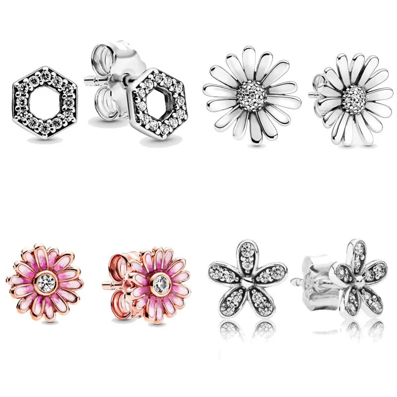 

Spring Pink Daisy Flower Square Sparkle Honeycomb Hexagon Earring 925 Sterling Silver Earring Studs For Women Gift Jewelry