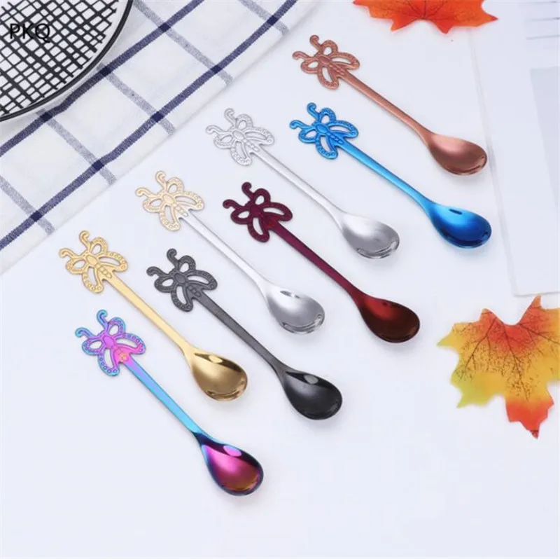

12.7x2.2cm Stainless Steel Spoon Colorful Coffee Spoon Butterfly Shape Teaspoon Dessert Mini Spoon Tableware Kitchen Accessories