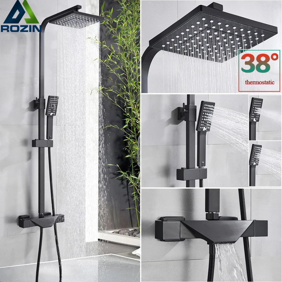 Matte Black Shower Faucet Thermostatic Shower Set Dual Handle Rain Waterfall Bath Shower Mixer Column Tap Thermostat Mixer Tap