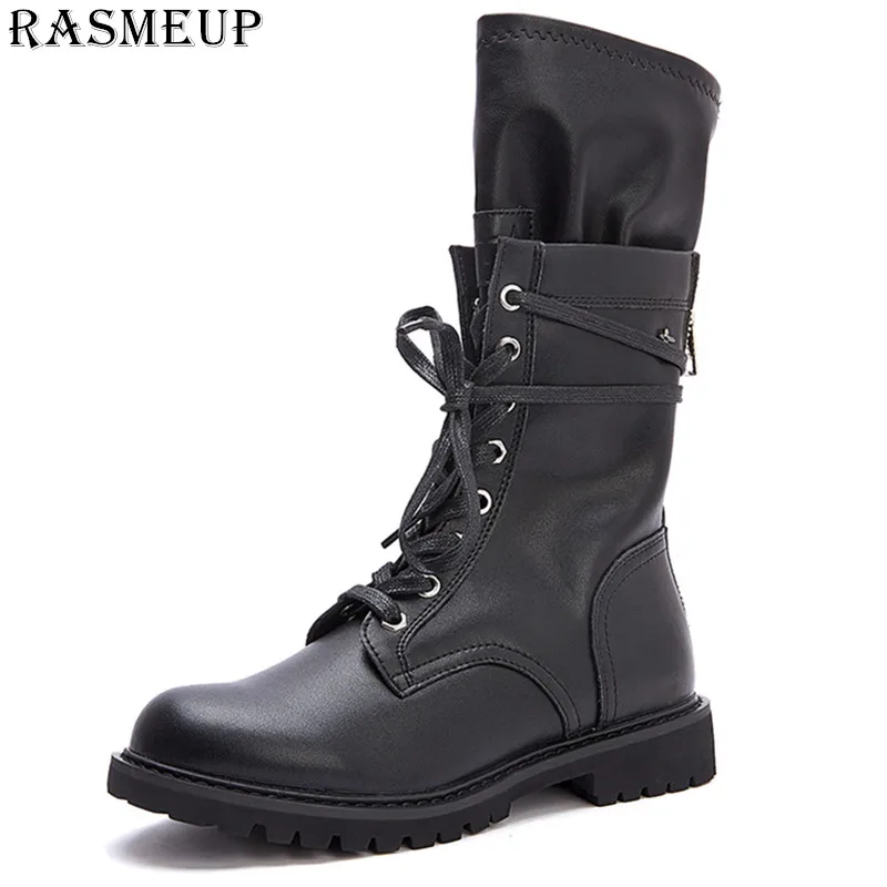 

RASMEUP Genuine Leather Women's Motorcycle Boots 2019 Autumn Winter Double Zipper Women Platfrom Ankle Boot Ladies Shoes Black