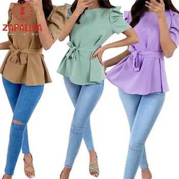 

Zapalisa Puff Sleeve Sweet Femininas Slim Women Tops Solid Color Leisure Fashion Streetwear Tassel Bandage Tshirt