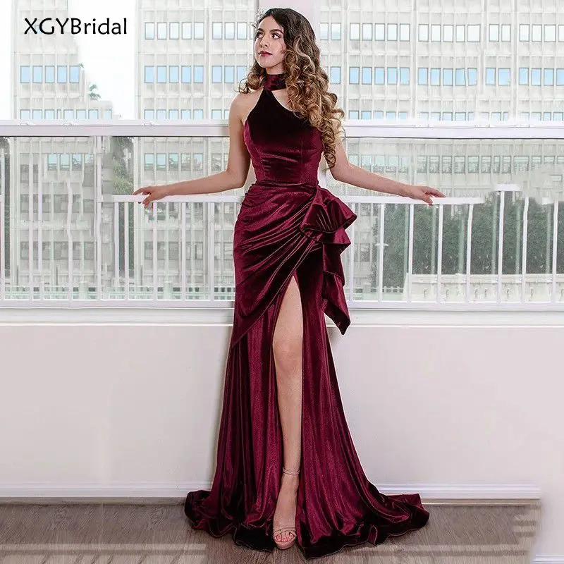 

New Sexy Halter Neck Evening Dresses Velvet Mermaid Side Split Formal Party Gowns Caftan Arabic Prom Gowns Платье вечернее