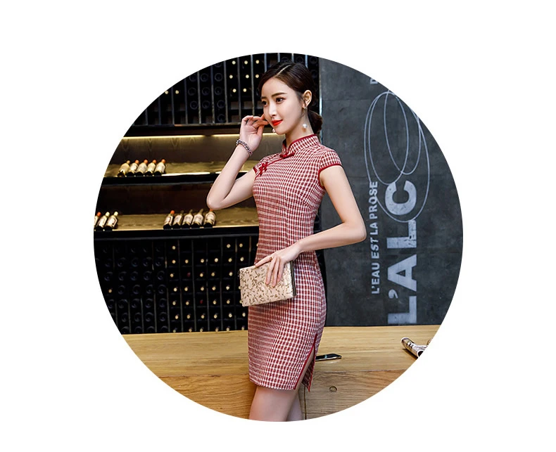 Хлопок Cheongsam плед китайское традиционное платье элегантное женское с коротким рукавом Мини Qipao восточные платья китайский костюм