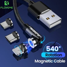 Floveme 540 graus girar cabo magnético para iphone usb c ímã tipo carregador c micro cabo usb telefone acessórios para xiaomi 11