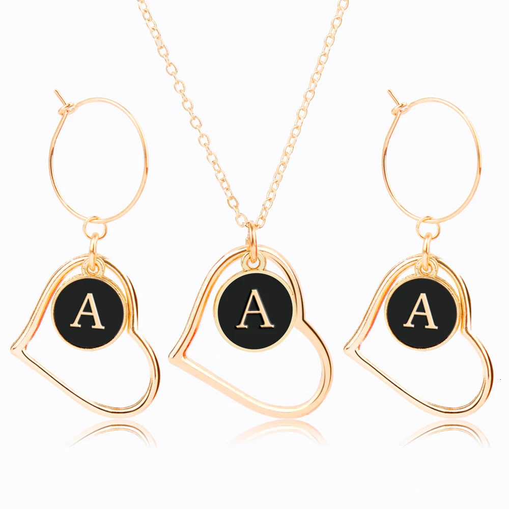 Алфавит, A-Z, серьги в форме сердца и ожерелье, набор ювелирных изделий для женщин, модные ювелирные наборы, романтические ювелирные изделия для женщин - Окраска металла: S064