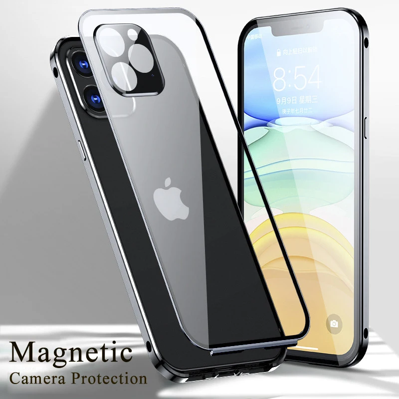 

Magnetic Metal 360 Case For iPhone 12 Pro Max 12 mini 2020 Full Protector Double Tempered glass Square Cover For iPhone 12 Case