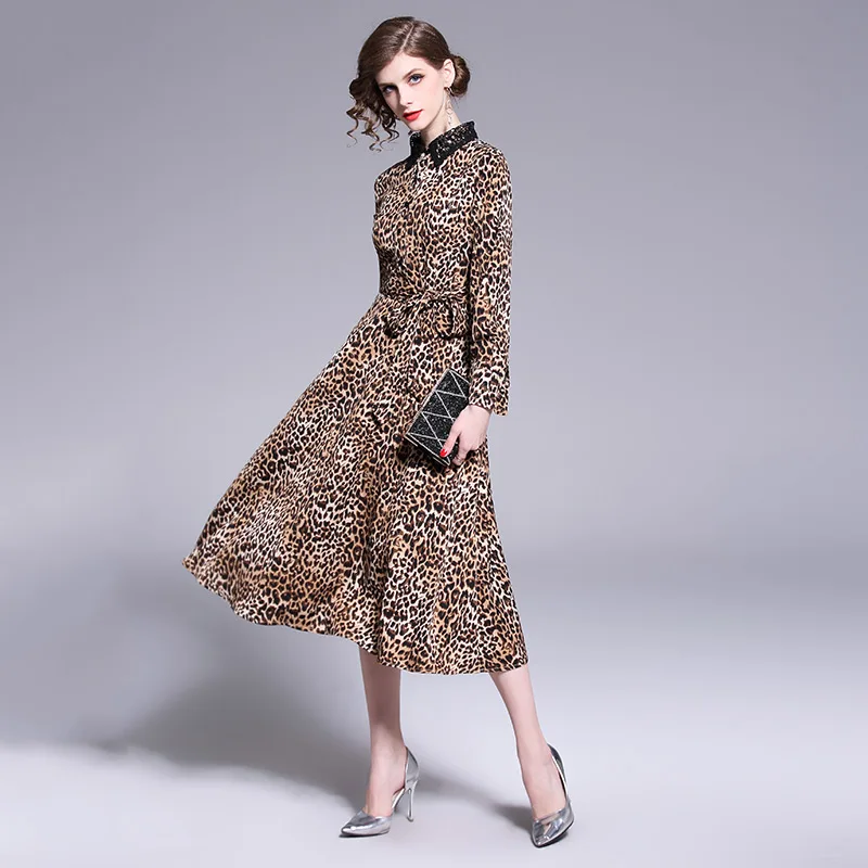 

Fashion dress ladies lace lapel tie leopard print dress