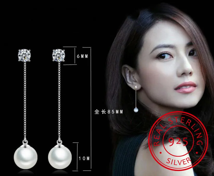 

Fashion 925 Sterling Silver Zirconia Tassel Pearl Drop Earrings Long Chain Drop Earrings Jewelry Wholesale Free Shipping