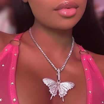 

2020 za Men's Women hip hop cool iced out sparking bling pink AAA cz Butterfly pendant necklaces Rock fashion charm jewelry