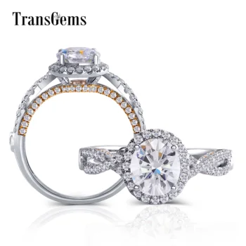 

Transgems 14K White and Yellow Gold Center 2ct 7*8mm Oval F Color Moissanite Twist Engagement Ring With Accents Wedding Gifts