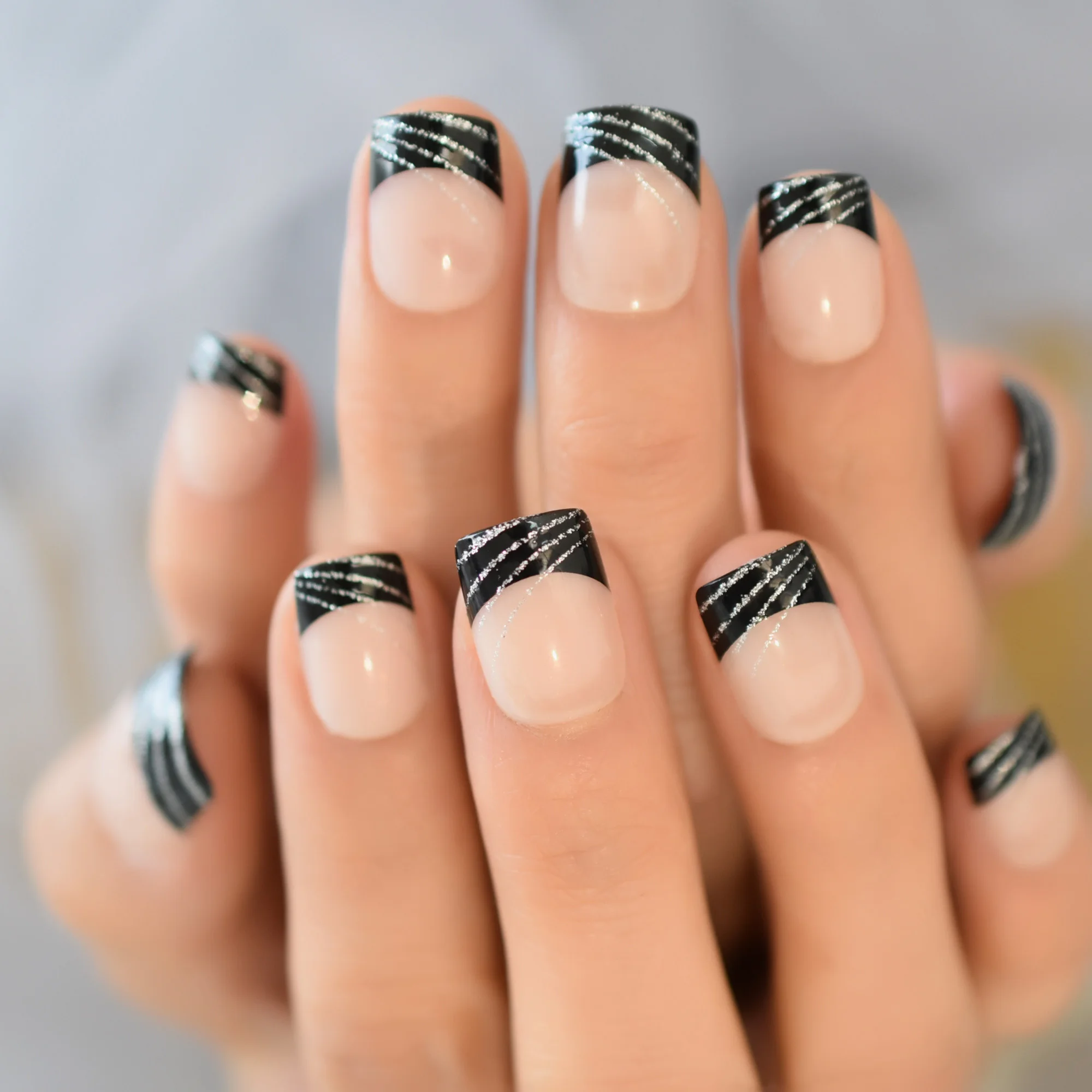 Press On Nail Art With Black Lace Designs French Nail Decorations Set Short  Nude Artificial Fake Nail Tip - False Nails - AliExpress