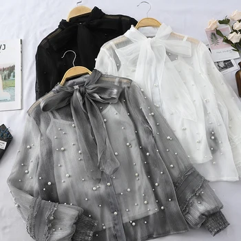 

2020 Spring New Women Romantic Beads Lace-up Bow Lantern Sleeve Chiffon Shirt Sweet Lady Blouse Fashion Gauze Sexy Shirts Tops