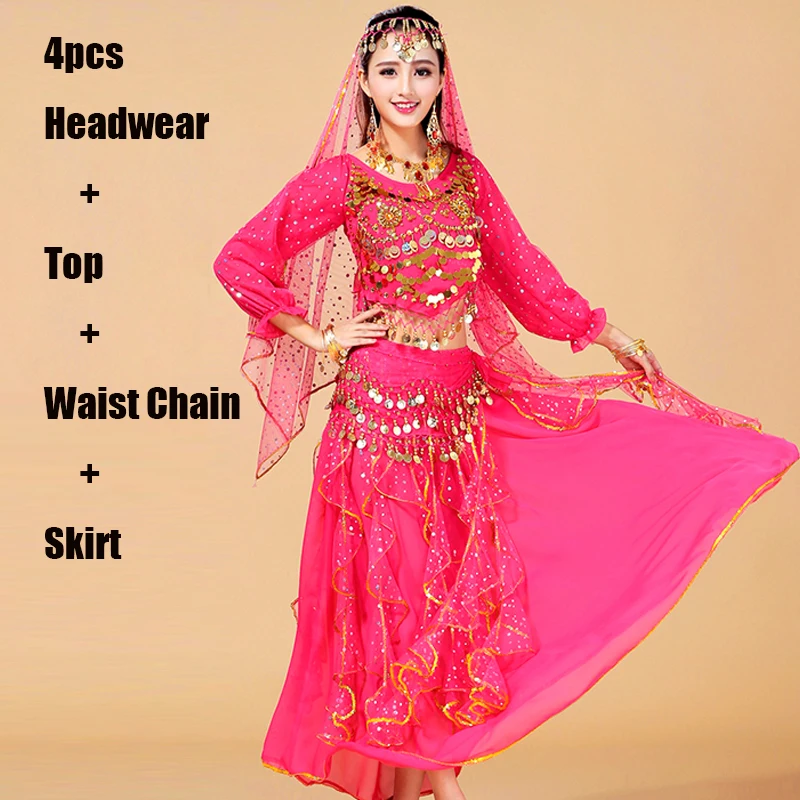 Pink 4pcs Новые костюмы для танца живота Болливуд одежда для выступлений шоу костюм сценическая Юбка для занятий Танцем Живота женское платье танец живота BL2376 - Цвет: Pink 4pcs