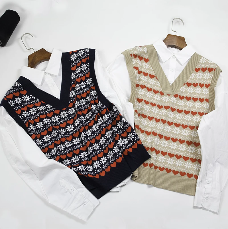 

2020 New Spring Summer Knitted Patchwork Blouse Women Turn-down Shirt Female Lady Fashion Vintage Cute Hearts Chic Korean Top