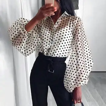 

2020 Autumn Sexy Polka Dot Blouse Women's Mesh Shirts Bohemian Puff Sleeve Blusas Female Lapel Button Tops Club Chemise Tops