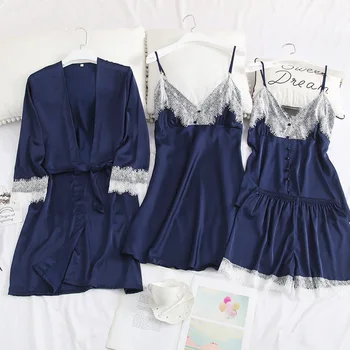 

Silky Pajamas Suit Spring Homewear Wedding Robe Lady 4PCS Sleep Set Strap Top&shorts Sexy Satin Kimono Robe Gown Sleepwear