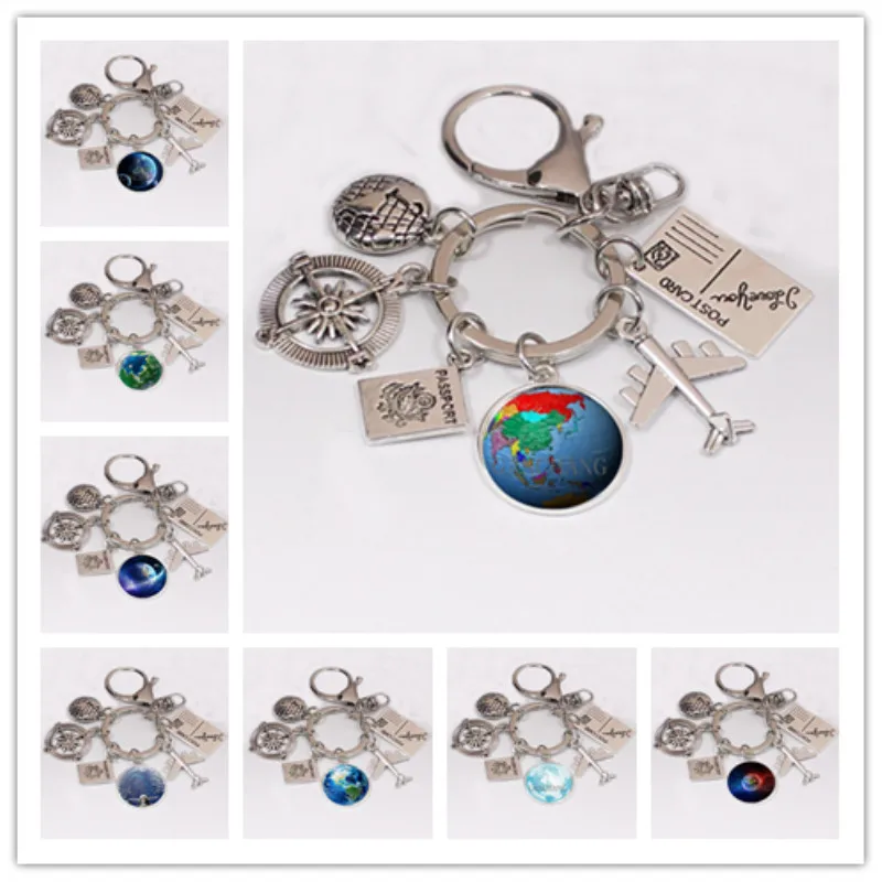 2020 New Earth glass pictures Keychain Travel Explore Discover Glass Dome Cabachon Plane Charm Pendant Keychain Men Women Gifts