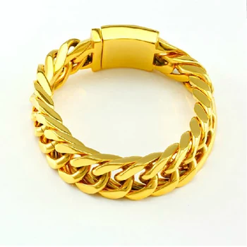 

Granny Chic Birthday Gift for Mens Gold Stainless Steel High Quality Curb Chain Heavy Wide Bracelet 17mm 8-10 inch