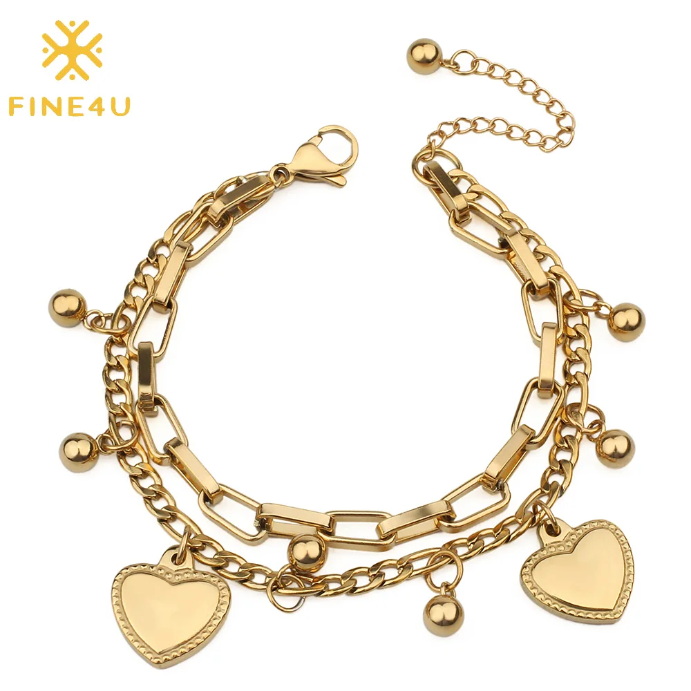 FINE4U B273 браслет из нержавеющей стали в форме сердца, двухслойный браслет-цепочка Фигаро для мужчин и женщин