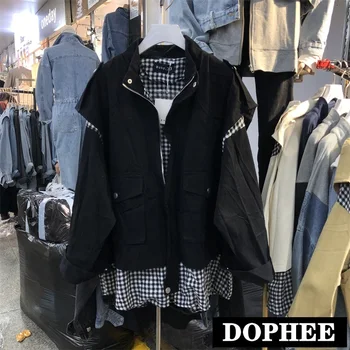 

Fake Two Pieces Women Jacket 2020 Spring and Autumn Korean Stand Collar Plaid Spliced Loose Windbreaker Coat Plus Size Outwear