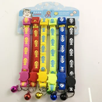 

288 pcs/lot Cute Bell Fishbone Cat Dog Pet Collar Adjustable Nylon Polyester Buckle Necklace Puppy Dog Collar Pet Supplier