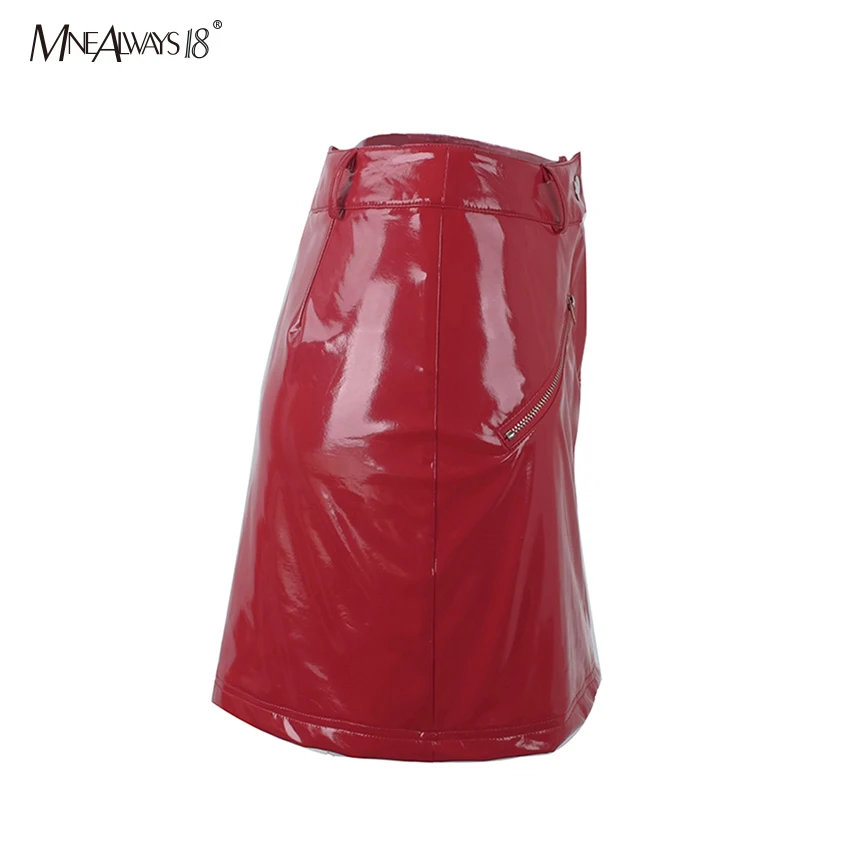 Mnealways18 красная панк юбка из искусственной кожи с металлическими молниями и пуговицами, короткие женские юбки из кожи, осень, Женская мини-юбка, уличная женская одежда